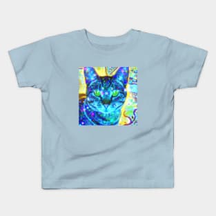 Blue Kitty Cat Batik Design Kids T-Shirt